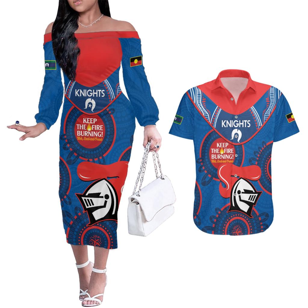 Custom NRL Knights NAIDOC Week Couples Matching Off The Shoulder Long Sleeve Dress and Hawaiian Shirt Keep The Fire Burning Indigenous Art
