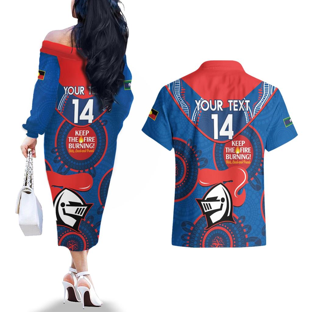Custom NRL Knights NAIDOC Week Couples Matching Off The Shoulder Long Sleeve Dress and Hawaiian Shirt Keep The Fire Burning Indigenous Art