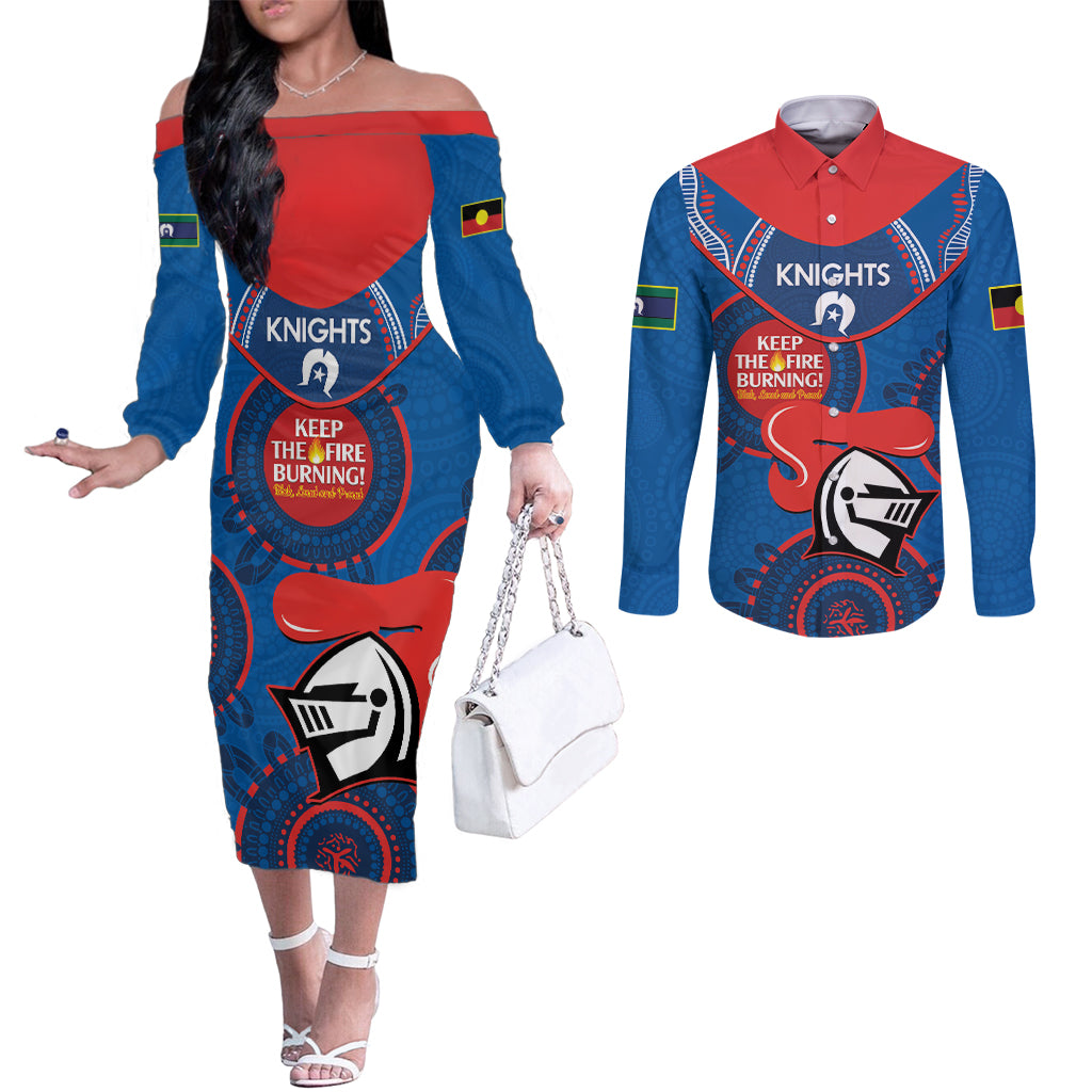 Custom NRL Knights NAIDOC Week Couples Matching Off The Shoulder Long Sleeve Dress and Long Sleeve Button Shirt Keep The Fire Burning Indigenous Art