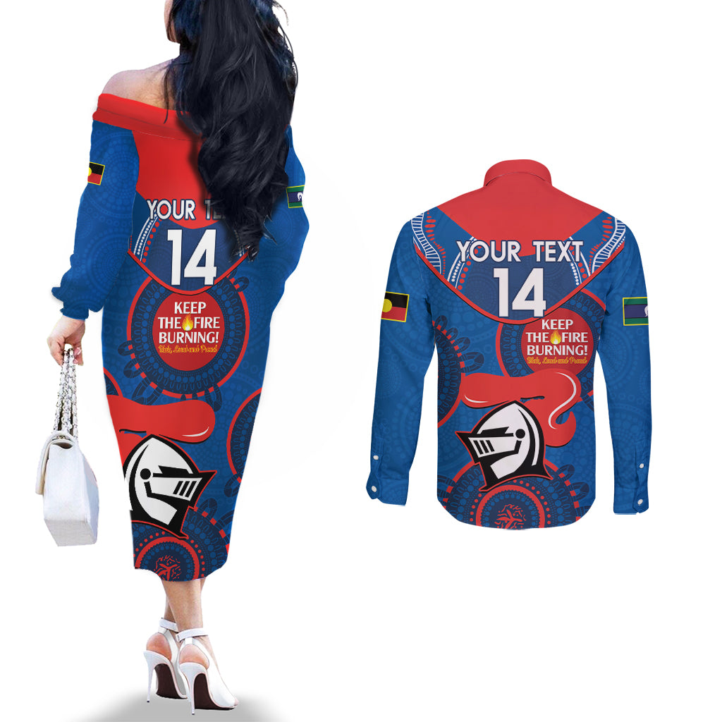 Custom NRL Knights NAIDOC Week Couples Matching Off The Shoulder Long Sleeve Dress and Long Sleeve Button Shirt Keep The Fire Burning Indigenous Art