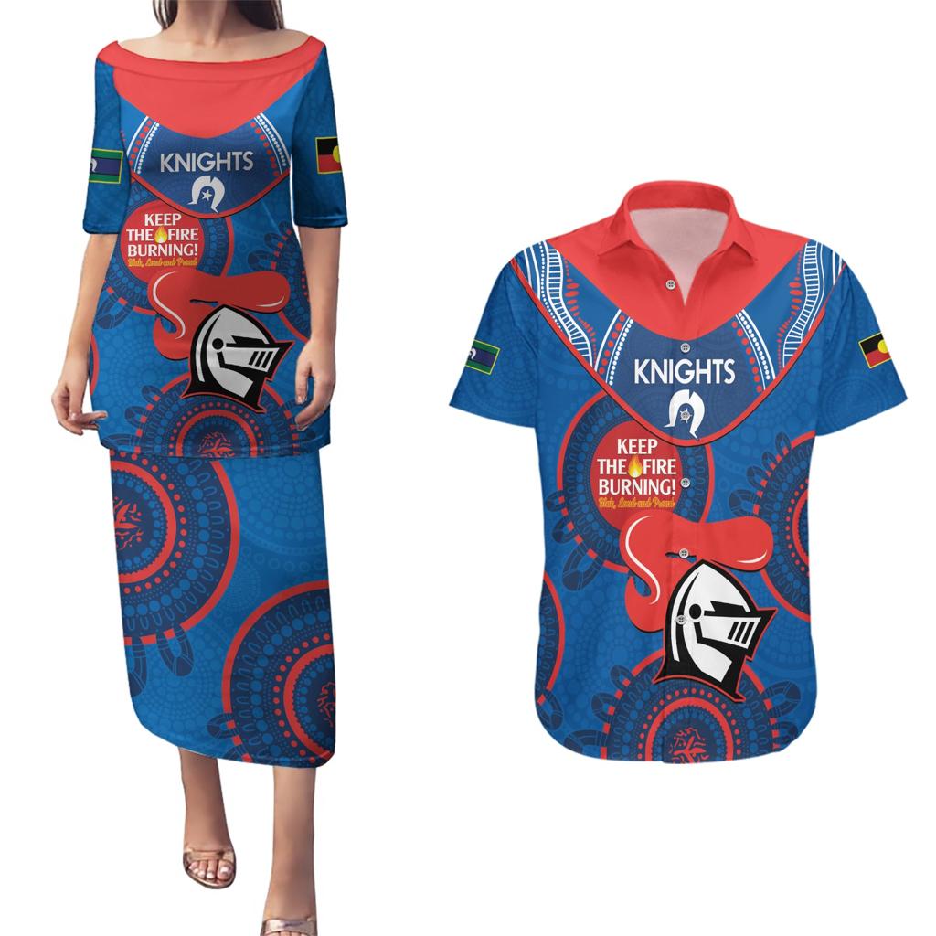 Custom NRL Knights NAIDOC Week Couples Matching Puletasi and Hawaiian Shirt Keep The Fire Burning Indigenous Art