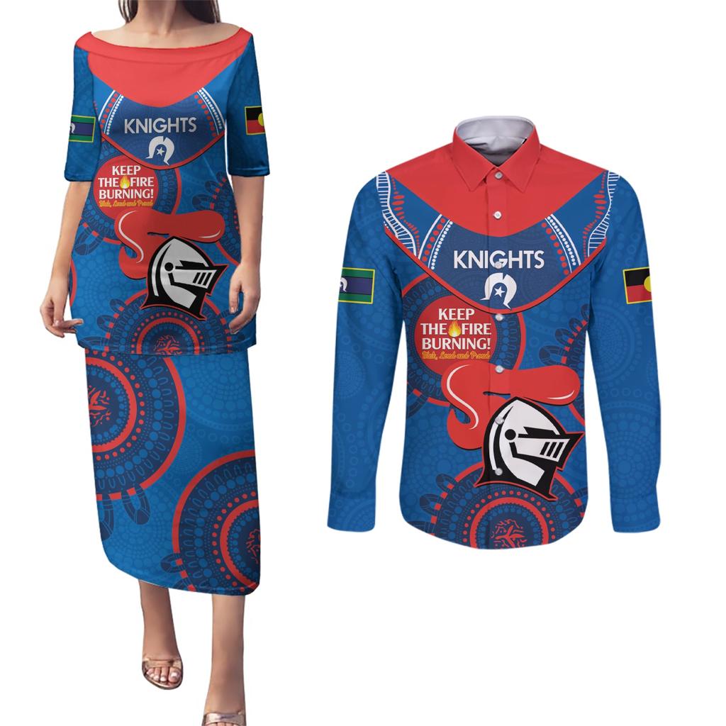 Custom NRL Knights NAIDOC Week Couples Matching Puletasi and Long Sleeve Button Shirt Keep The Fire Burning Indigenous Art