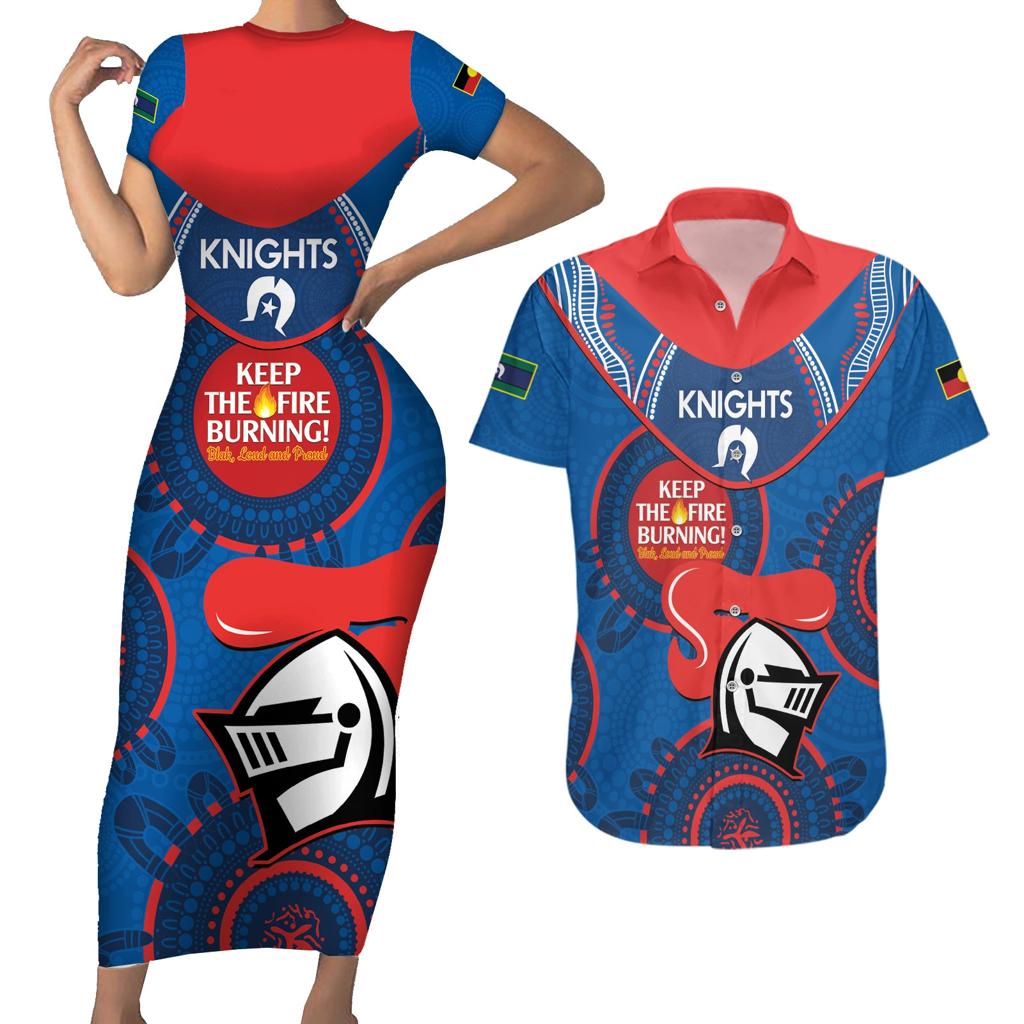 Custom NRL Knights NAIDOC Week Couples Matching Short Sleeve Bodycon Dress and Hawaiian Shirt Keep The Fire Burning Indigenous Art