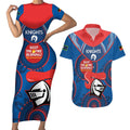 Custom NRL Knights NAIDOC Week Couples Matching Short Sleeve Bodycon Dress and Hawaiian Shirt Keep The Fire Burning Indigenous Art