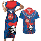 Custom NRL Knights NAIDOC Week Couples Matching Short Sleeve Bodycon Dress and Hawaiian Shirt Keep The Fire Burning Indigenous Art