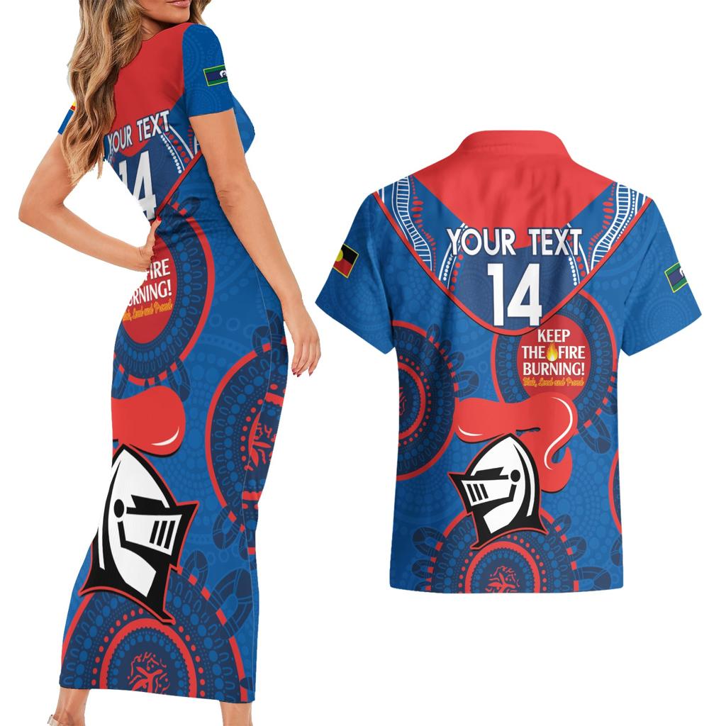 Custom NRL Knights NAIDOC Week Couples Matching Short Sleeve Bodycon Dress and Hawaiian Shirt Keep The Fire Burning Indigenous Art