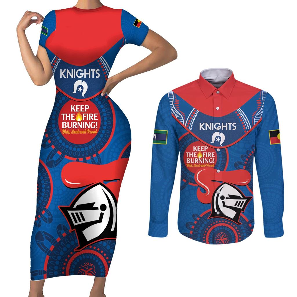 Custom NRL Knights NAIDOC Week Couples Matching Short Sleeve Bodycon Dress and Long Sleeve Button Shirt Keep The Fire Burning Indigenous Art