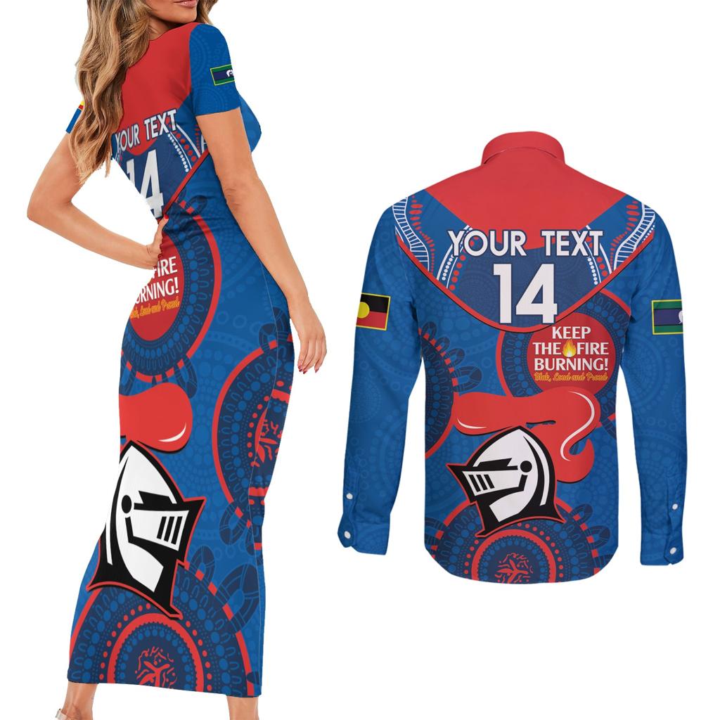 Custom NRL Knights NAIDOC Week Couples Matching Short Sleeve Bodycon Dress and Long Sleeve Button Shirt Keep The Fire Burning Indigenous Art