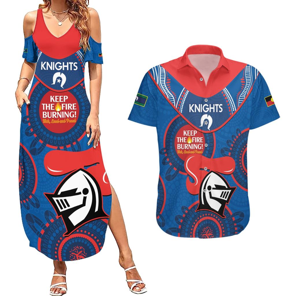 Custom NRL Knights NAIDOC Week Couples Matching Summer Maxi Dress and Hawaiian Shirt Keep The Fire Burning Indigenous Art