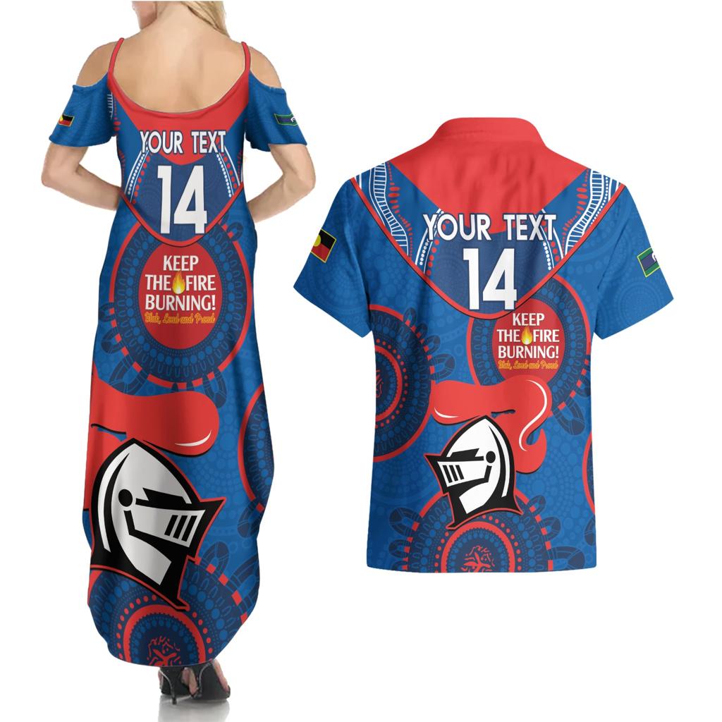 Custom NRL Knights NAIDOC Week Couples Matching Summer Maxi Dress and Hawaiian Shirt Keep The Fire Burning Indigenous Art