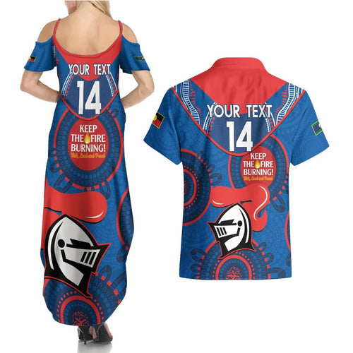Custom NRL Knights NAIDOC Week Couples Matching Summer Maxi Dress and Hawaiian Shirt Keep The Fire Burning Indigenous Art