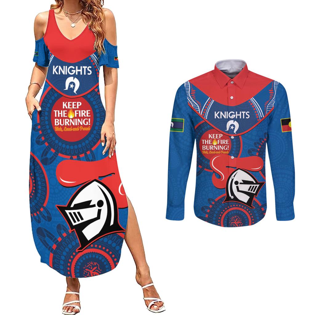 Custom NRL Knights NAIDOC Week Couples Matching Summer Maxi Dress and Long Sleeve Button Shirt Keep The Fire Burning Indigenous Art