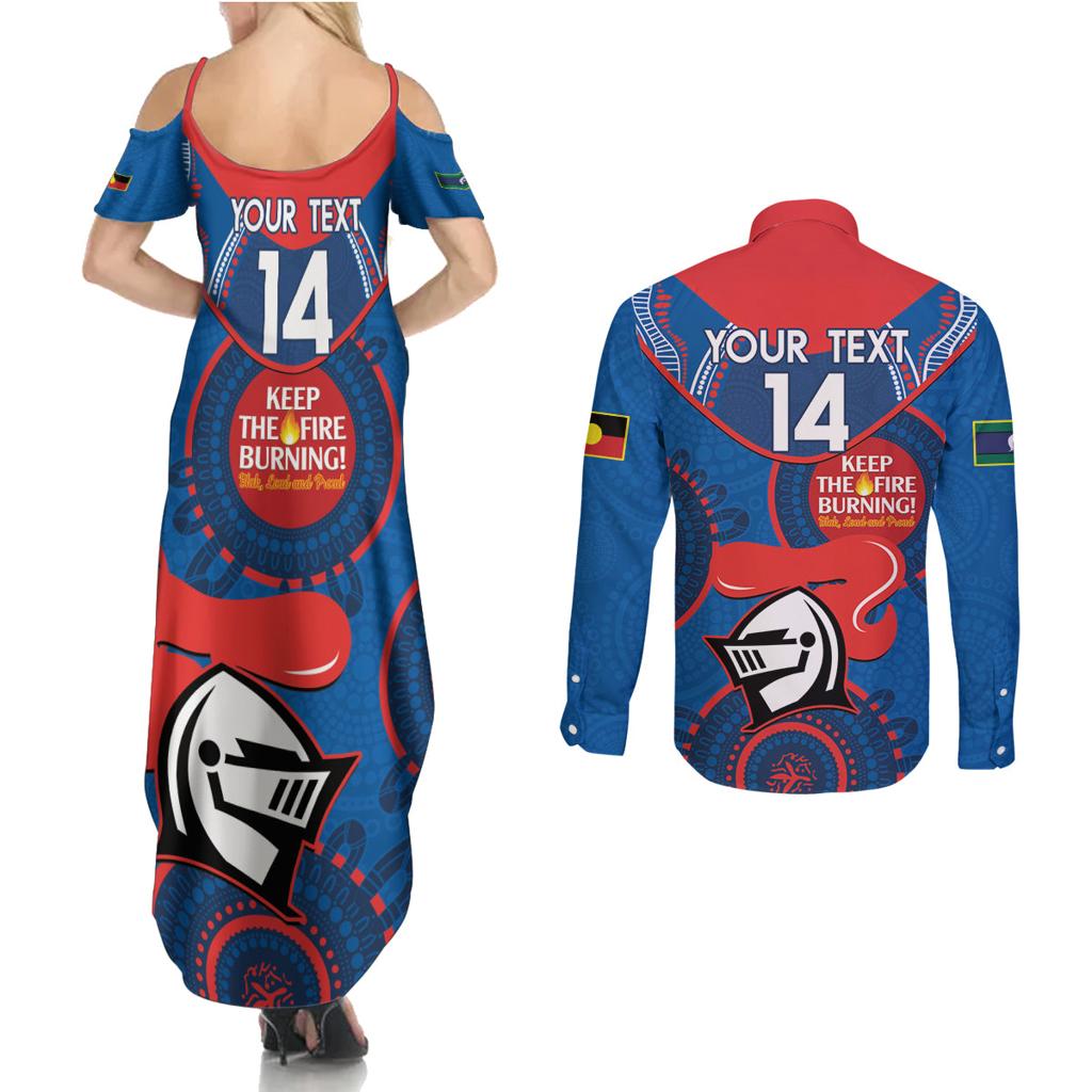 Custom NRL Knights NAIDOC Week Couples Matching Summer Maxi Dress and Long Sleeve Button Shirt Keep The Fire Burning Indigenous Art