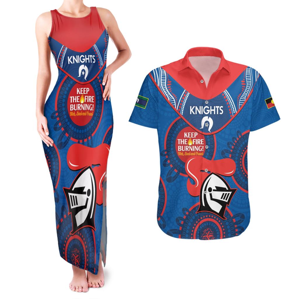 Custom NRL Knights NAIDOC Week Couples Matching Tank Maxi Dress and Hawaiian Shirt Keep The Fire Burning Indigenous Art