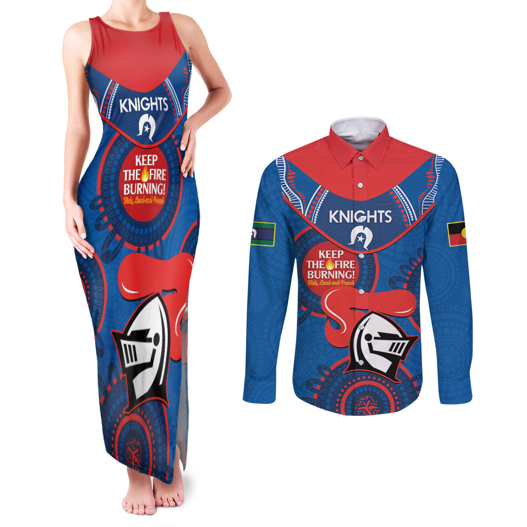 Custom NRL Knights NAIDOC Week Couples Matching Tank Maxi Dress and Long Sleeve Button Shirt Keep The Fire Burning Indigenous Art