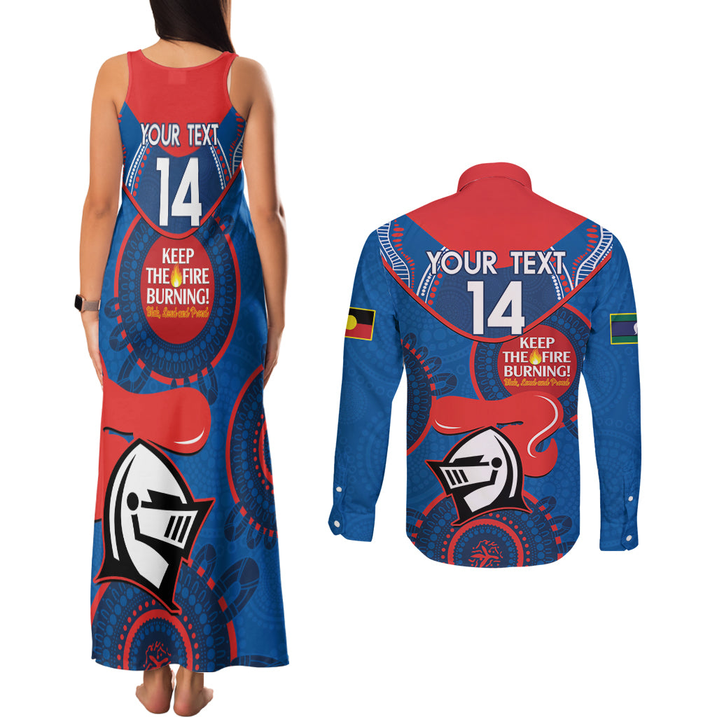 Custom NRL Knights NAIDOC Week Couples Matching Tank Maxi Dress and Long Sleeve Button Shirt Keep The Fire Burning Indigenous Art
