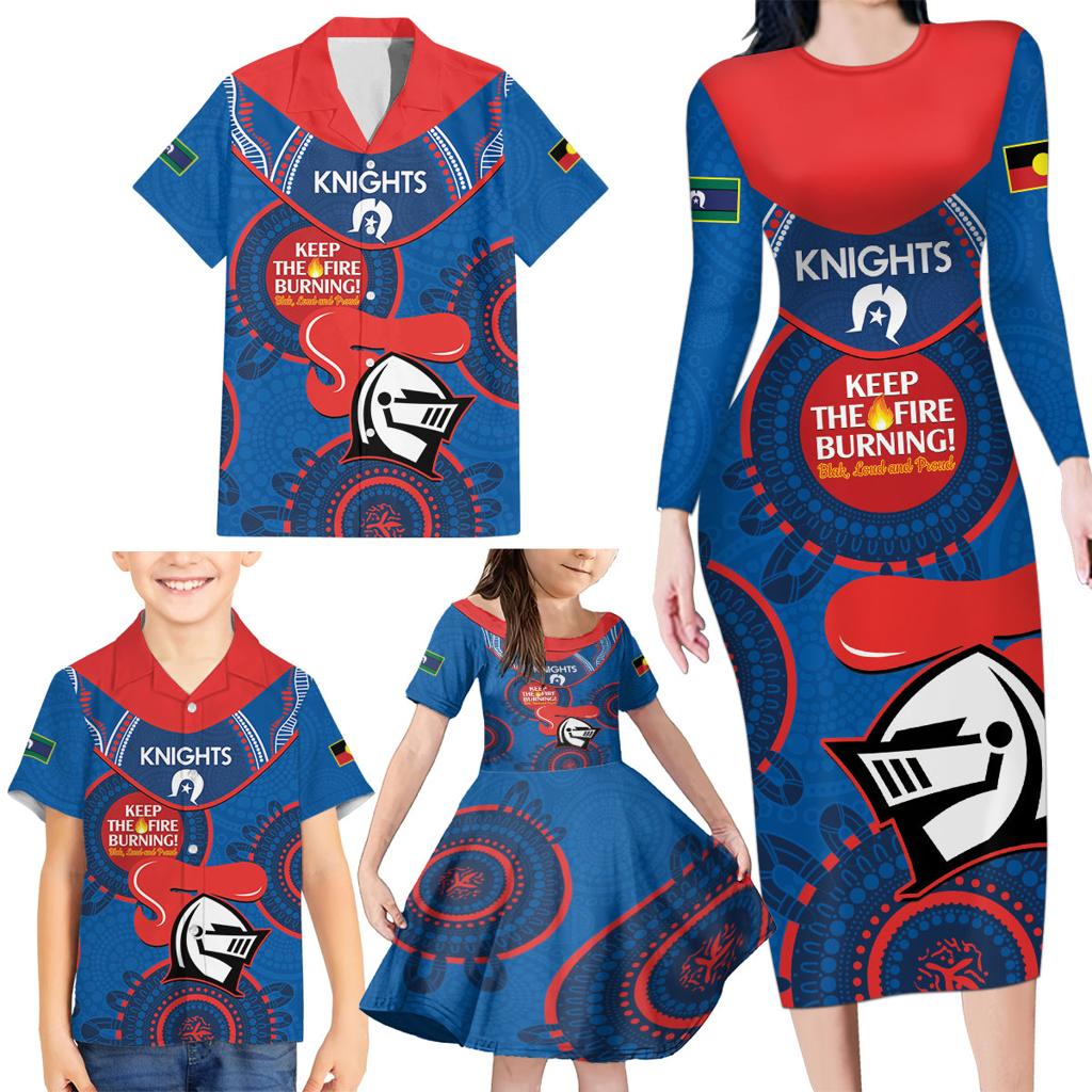 Custom NRL Knights NAIDOC Week Family Matching Long Sleeve Bodycon Dress and Hawaiian Shirt Keep The Fire Burning Indigenous Art