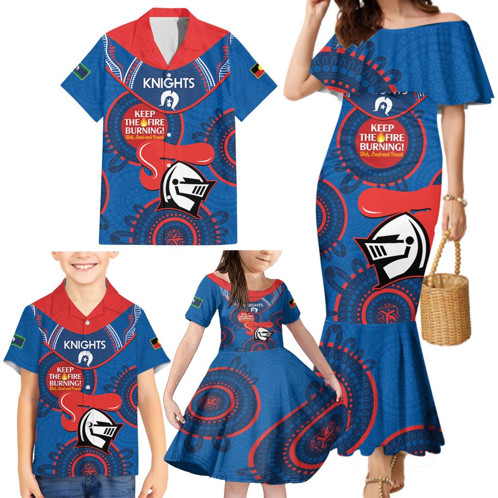 Custom NRL Knights NAIDOC Week Family Matching Mermaid Dress and Hawaiian Shirt Keep The Fire Burning Indigenous Art