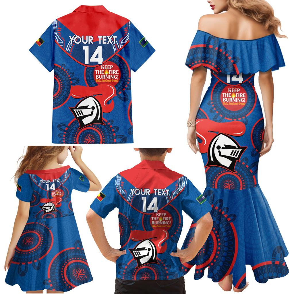 Custom NRL Knights NAIDOC Week Family Matching Mermaid Dress and Hawaiian Shirt Keep The Fire Burning Indigenous Art