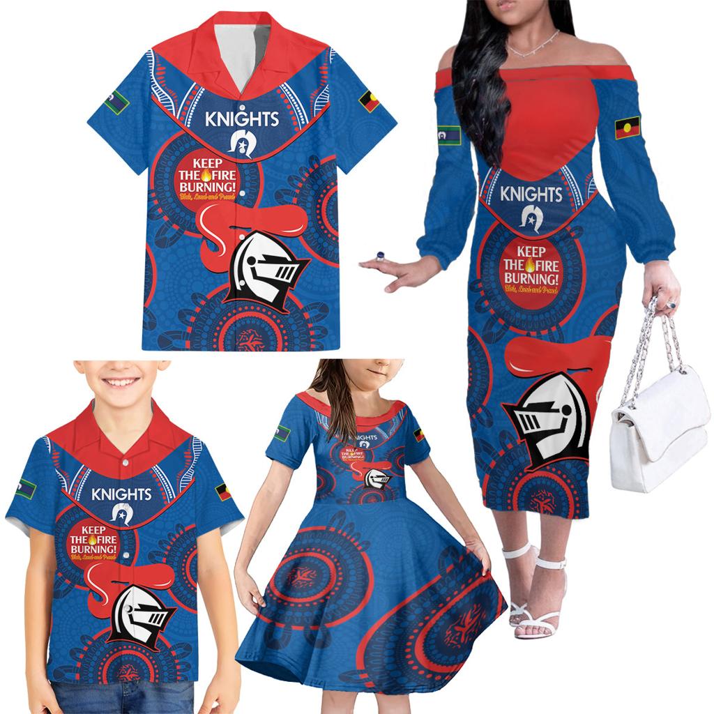 Custom NRL Knights NAIDOC Week Family Matching Off The Shoulder Long Sleeve Dress and Hawaiian Shirt Keep The Fire Burning Indigenous Art