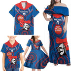 Custom NRL Knights NAIDOC Week Family Matching Off Shoulder Maxi Dress and Hawaiian Shirt Keep The Fire Burning Indigenous Art