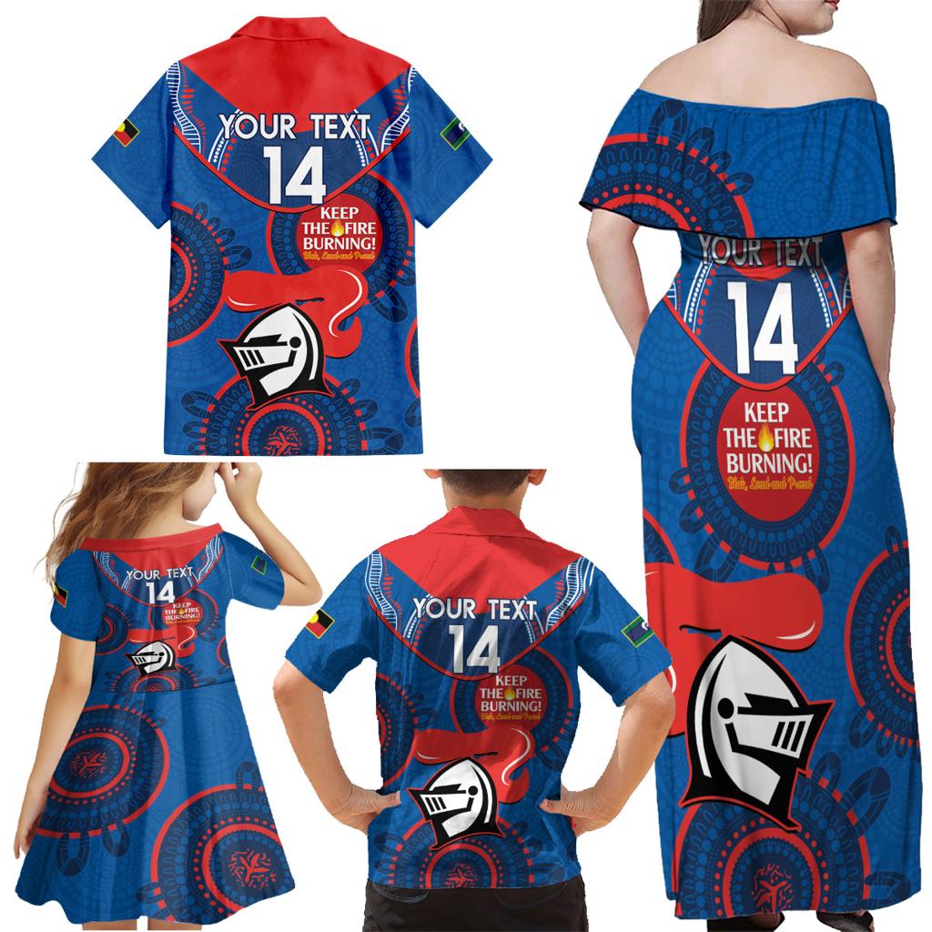 Custom NRL Knights NAIDOC Week Family Matching Off Shoulder Maxi Dress and Hawaiian Shirt Keep The Fire Burning Indigenous Art