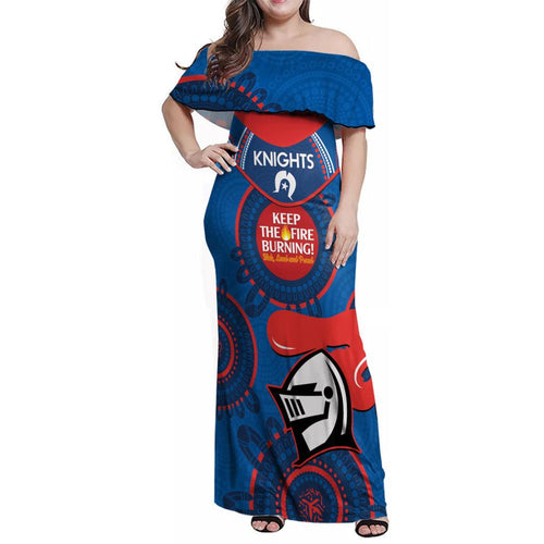 Custom NRL Knights NAIDOC Week Family Matching Off Shoulder Maxi Dress and Hawaiian Shirt Keep The Fire Burning Indigenous Art