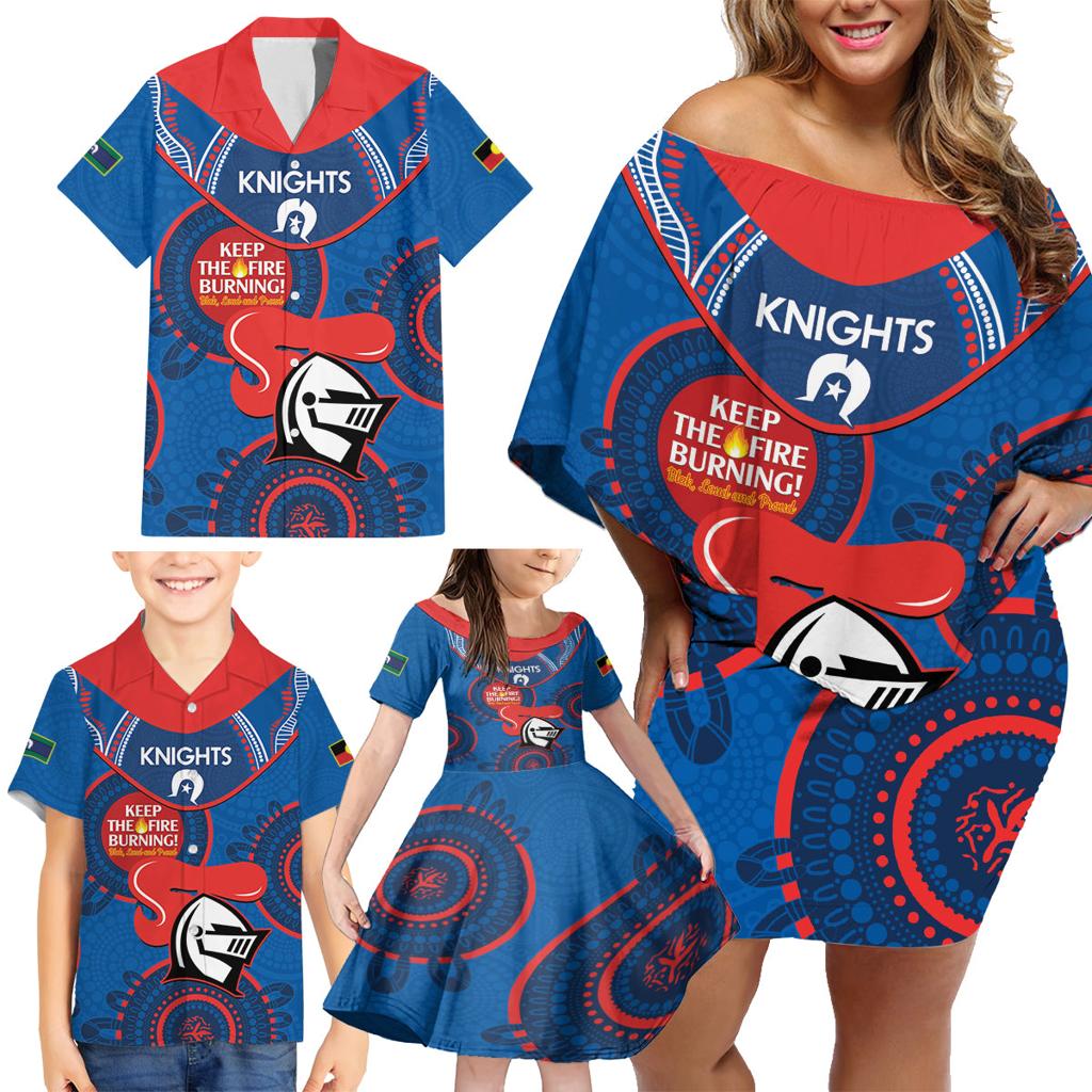 Custom NRL Knights NAIDOC Week Family Matching Off Shoulder Short Dress and Hawaiian Shirt Keep The Fire Burning Indigenous Art