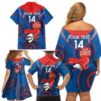 Custom NRL Knights NAIDOC Week Family Matching Off Shoulder Short Dress and Hawaiian Shirt Keep The Fire Burning Indigenous Art
