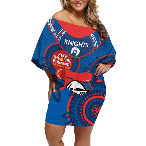 Custom NRL Knights NAIDOC Week Family Matching Off Shoulder Short Dress and Hawaiian Shirt Keep The Fire Burning Indigenous Art