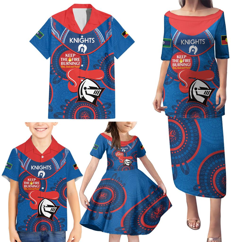 Custom NRL Knights NAIDOC Week Family Matching Puletasi and Hawaiian Shirt Keep The Fire Burning Indigenous Art