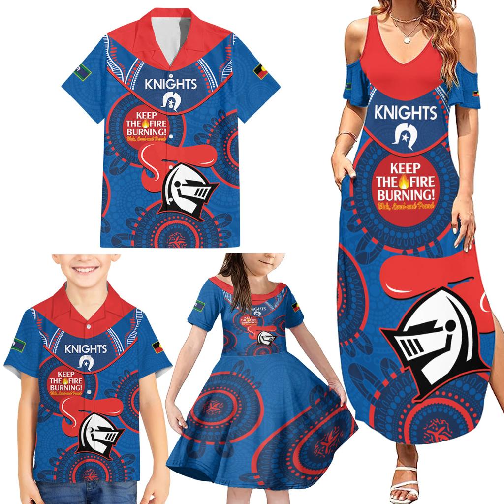 Custom NRL Knights NAIDOC Week Family Matching Summer Maxi Dress and Hawaiian Shirt Keep The Fire Burning Indigenous Art