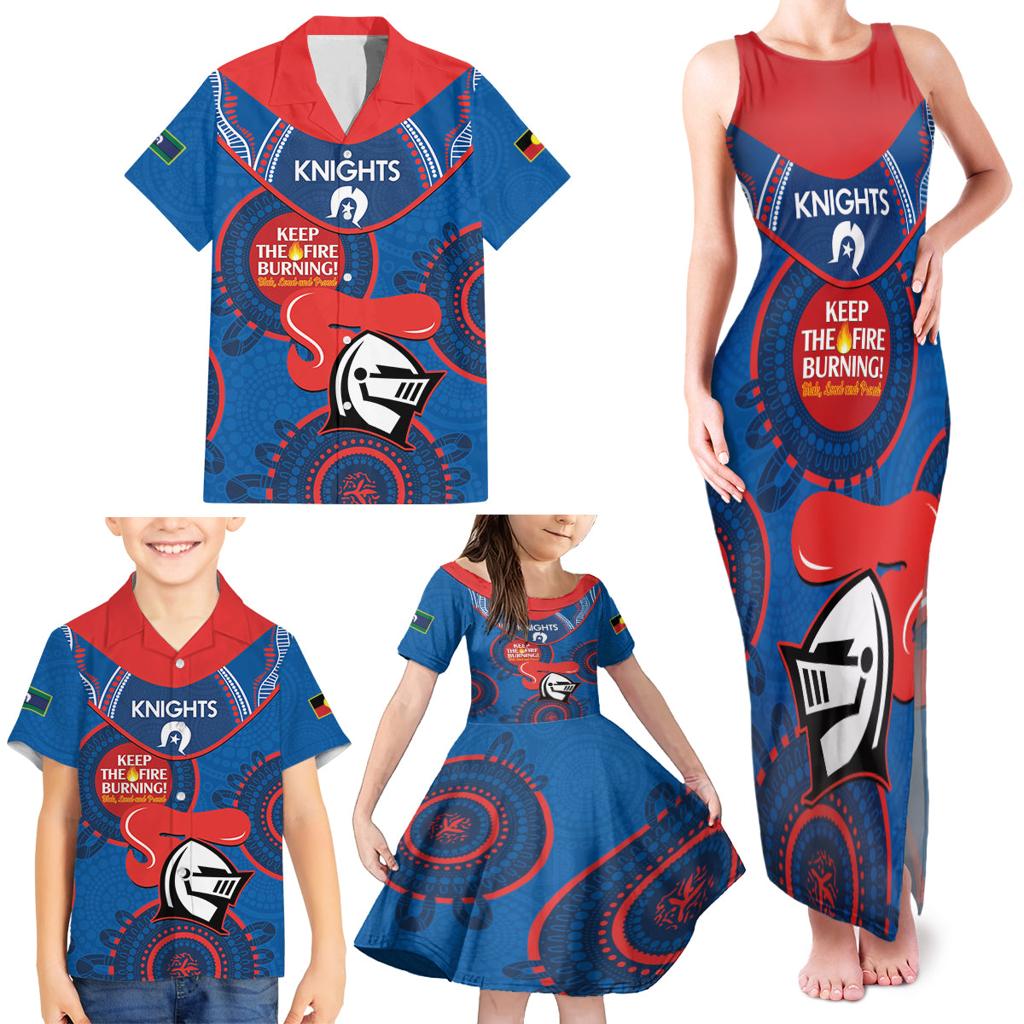 Custom NRL Knights NAIDOC Week Family Matching Tank Maxi Dress and Hawaiian Shirt Keep The Fire Burning Indigenous Art