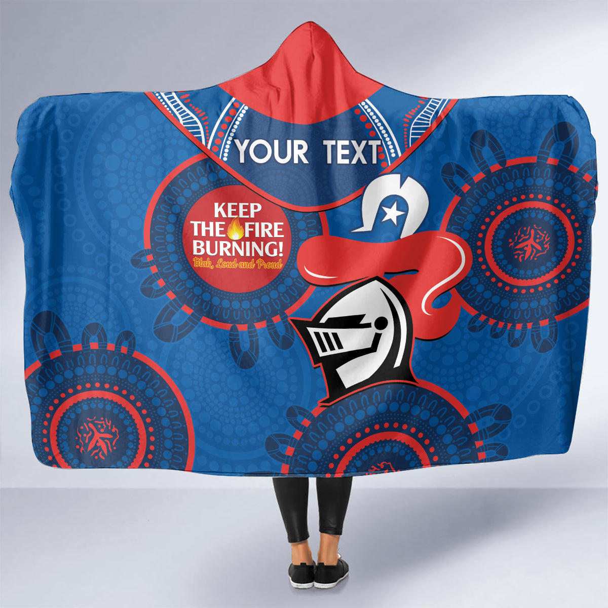 Custom NRL Knights NAIDOC Week Hooded Blanket Keep The Fire Burning Indigenous Art