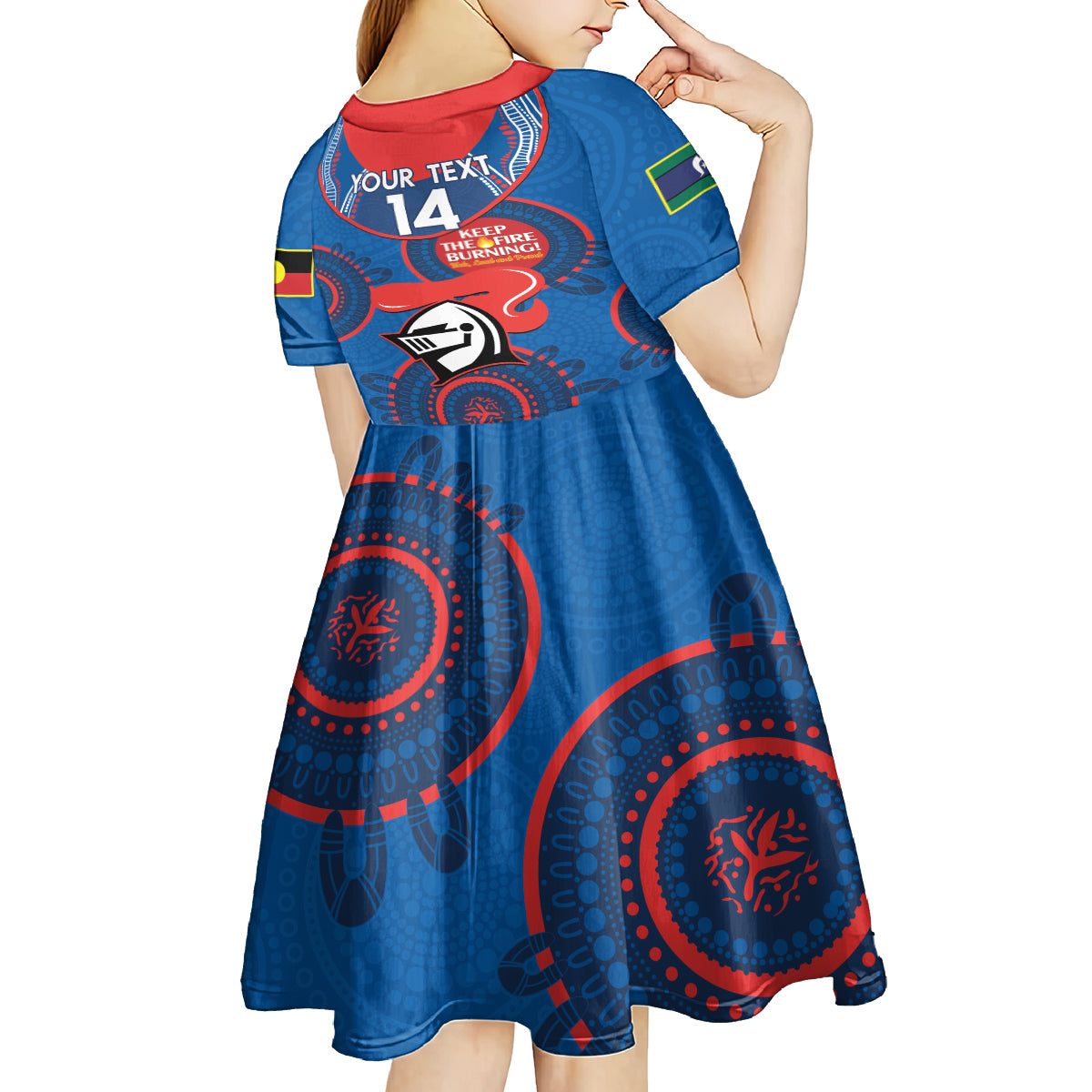 Custom NRL Knights NAIDOC Week Kid Short Sleeve Dress Keep The Fire Burning Indigenous Art