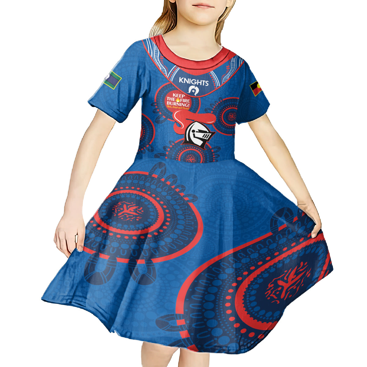 Custom NRL Knights NAIDOC Week Kid Short Sleeve Dress Keep The Fire Burning Indigenous Art