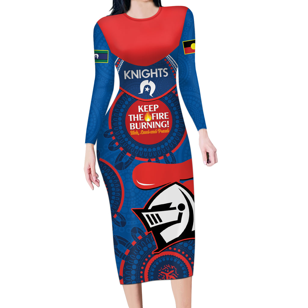 Custom NRL Knights NAIDOC Week Long Sleeve Bodycon Dress Keep The Fire Burning Indigenous Art