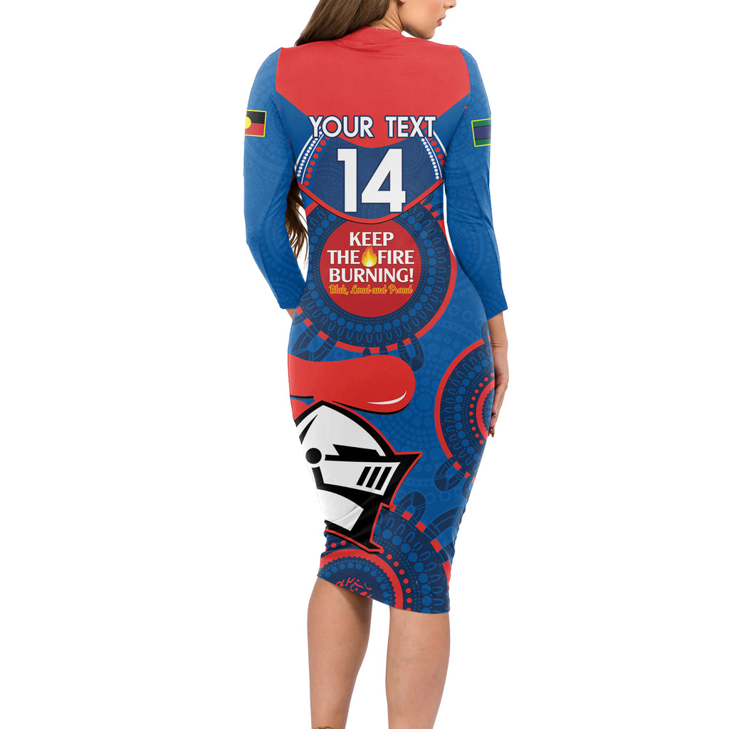 Custom NRL Knights NAIDOC Week Long Sleeve Bodycon Dress Keep The Fire Burning Indigenous Art
