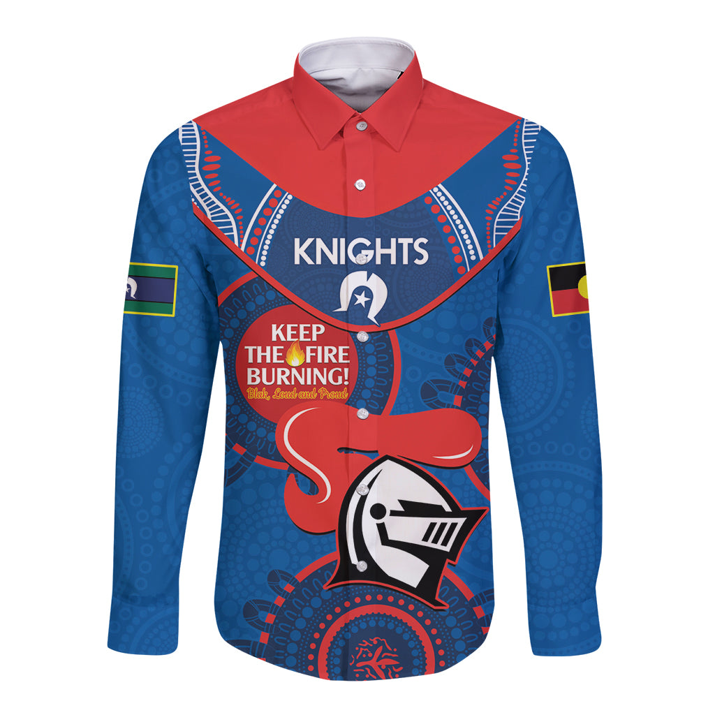 Custom NRL Knights NAIDOC Week Long Sleeve Button Shirt Keep The Fire Burning Indigenous Art