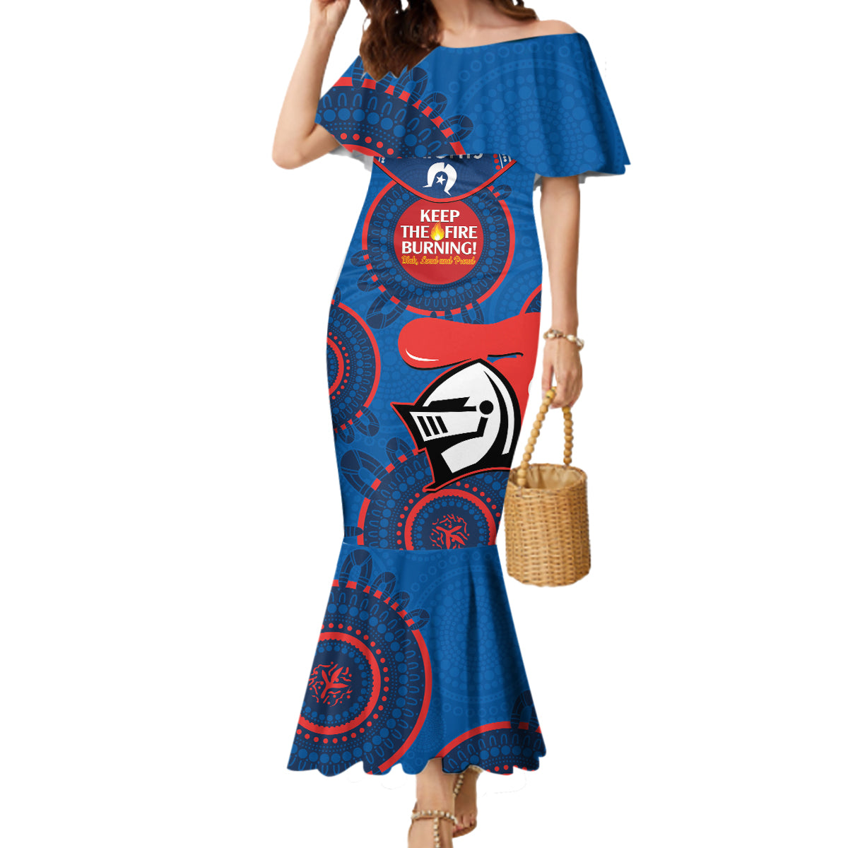 Custom NRL Knights NAIDOC Week Mermaid Dress Keep The Fire Burning Indigenous Art