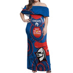 Custom NRL Knights NAIDOC Week Off Shoulder Maxi Dress Keep The Fire Burning Indigenous Art
