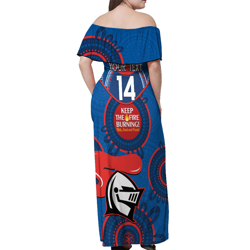 Custom NRL Knights NAIDOC Week Off Shoulder Maxi Dress Keep The Fire Burning Indigenous Art
