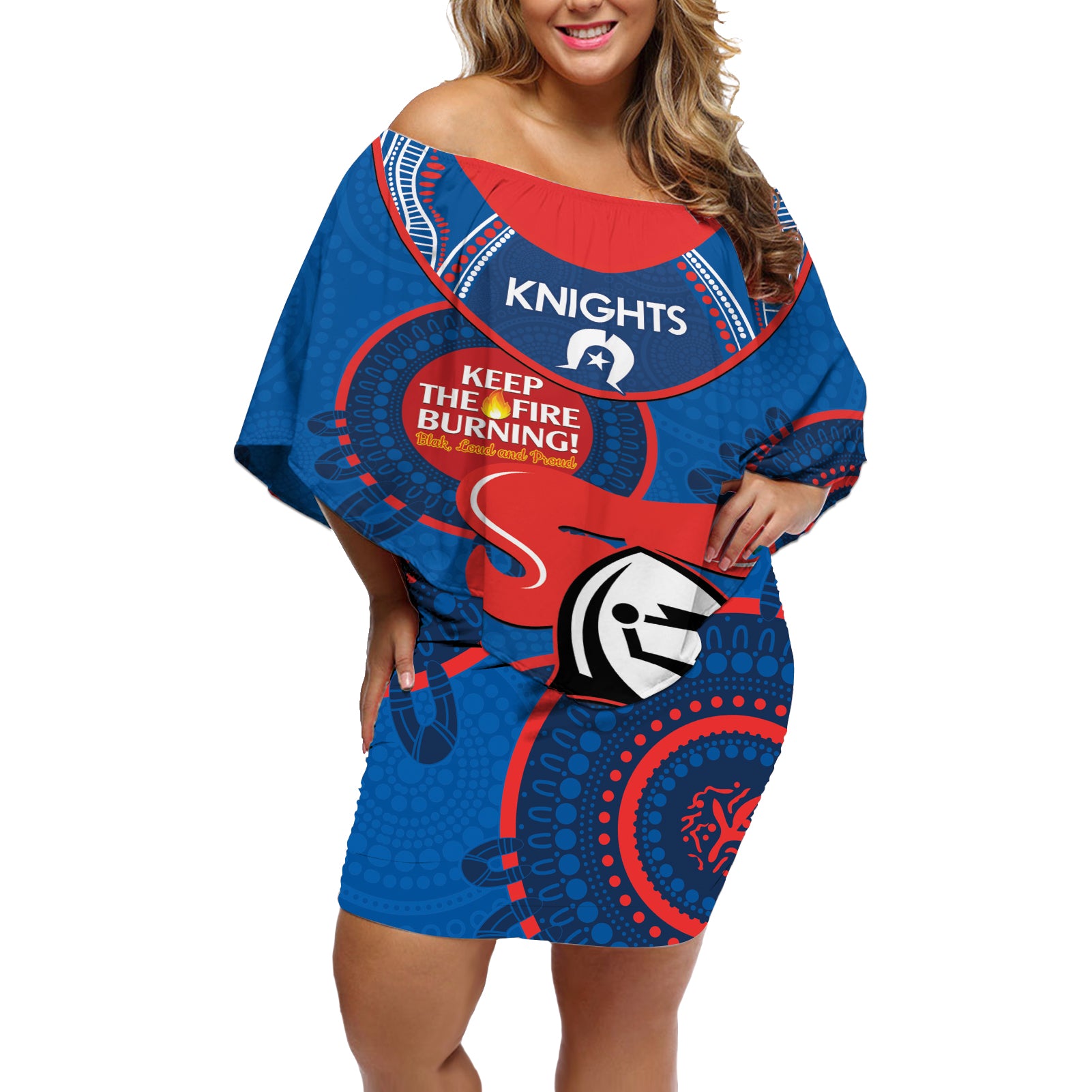 Custom NRL Knights NAIDOC Week Off Shoulder Short Dress Keep The Fire Burning Indigenous Art