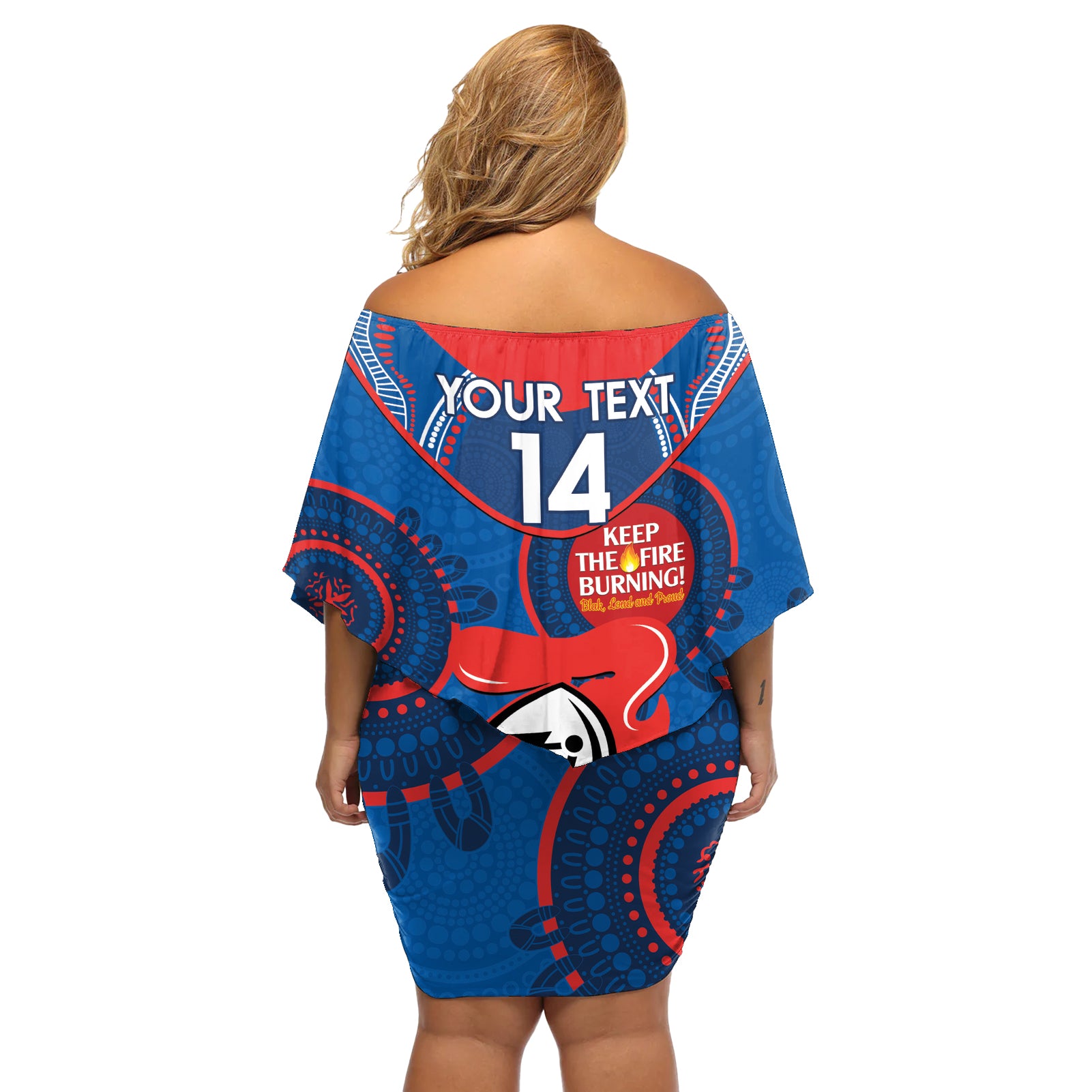 Custom NRL Knights NAIDOC Week Off Shoulder Short Dress Keep The Fire Burning Indigenous Art
