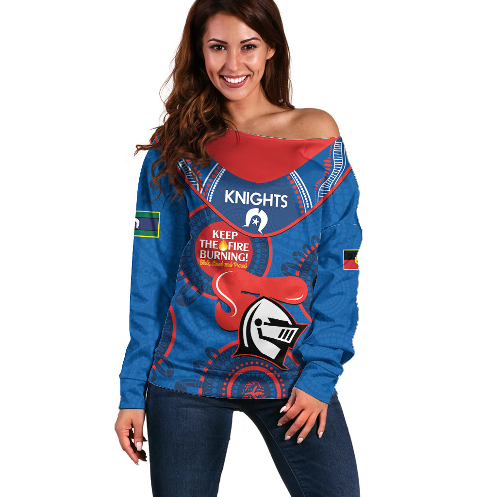 Custom NRL Knights NAIDOC Week Off Shoulder Sweater Keep The Fire Burning Indigenous Art