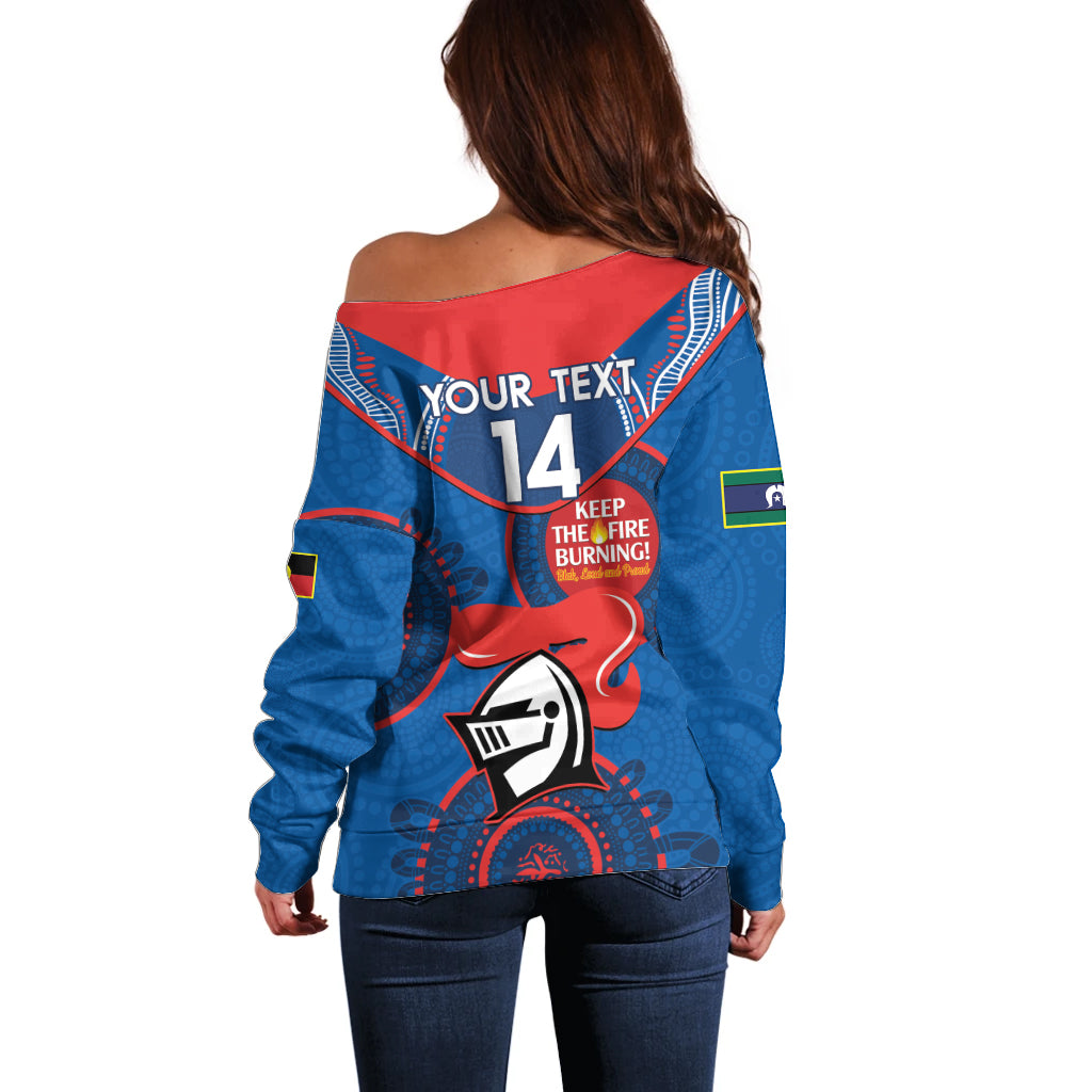Custom NRL Knights NAIDOC Week Off Shoulder Sweater Keep The Fire Burning Indigenous Art