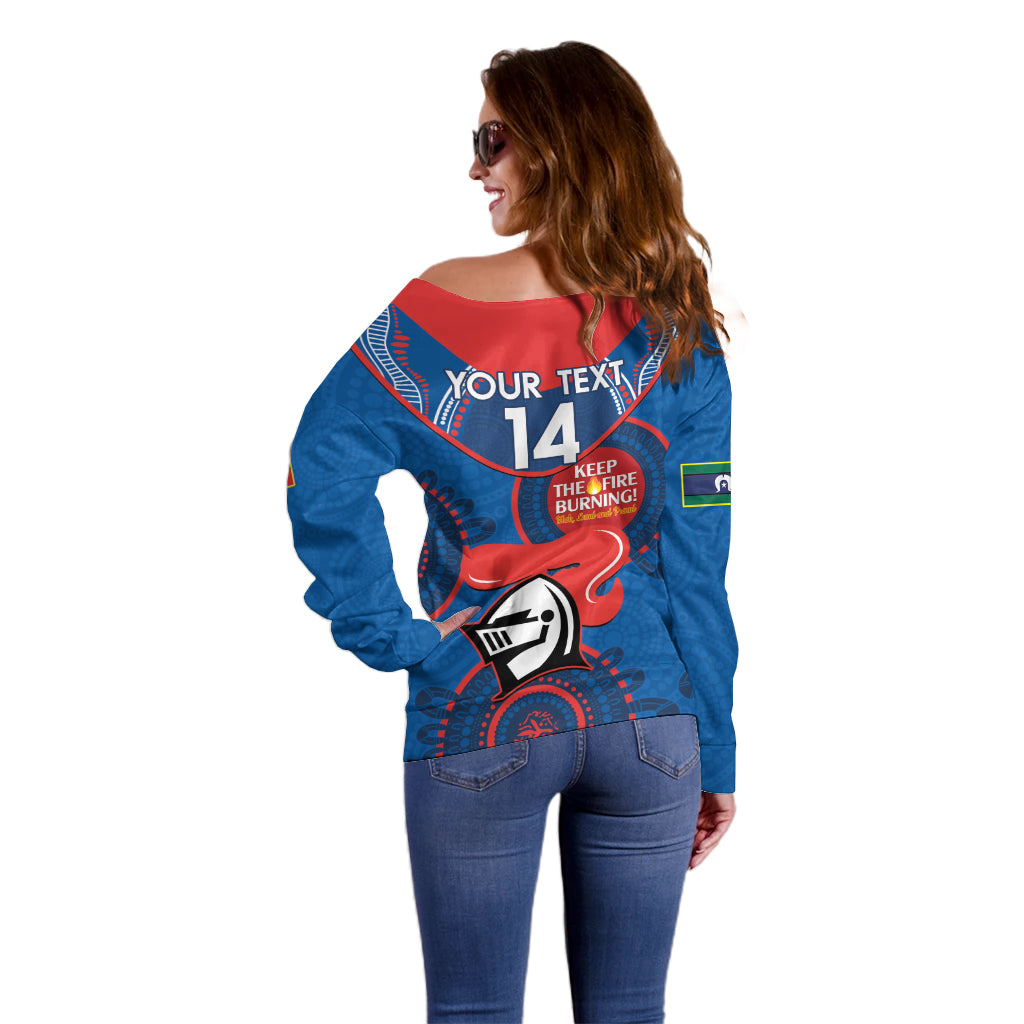 Custom NRL Knights NAIDOC Week Off Shoulder Sweater Keep The Fire Burning Indigenous Art