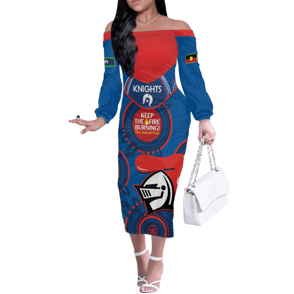 Custom NRL Knights NAIDOC Week Off The Shoulder Long Sleeve Dress Keep The Fire Burning Indigenous Art
