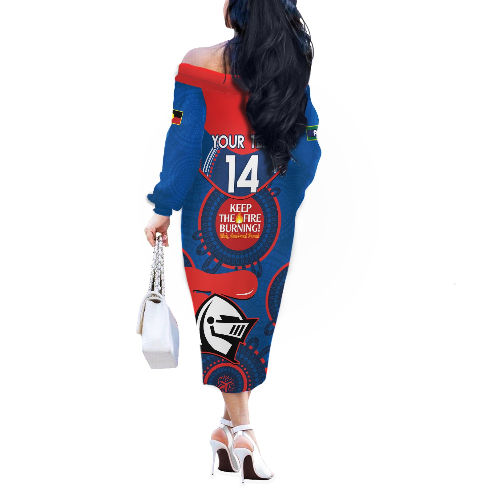 Custom NRL Knights NAIDOC Week Off The Shoulder Long Sleeve Dress Keep The Fire Burning Indigenous Art
