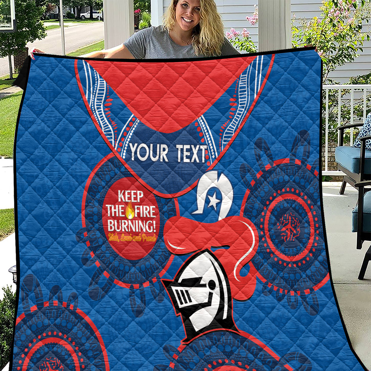 Custom NRL Knights NAIDOC Week Quilt Keep The Fire Burning Indigenous Art